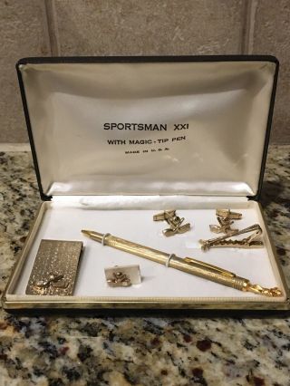 Vintage 1960’s Rare Sportsman Xxi Golf Pen Set: Money Clip,  Tie Tack,  Cuff Links