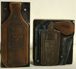 2 Antique Wood Copper Printer Letterpress Block Medicine Bottle