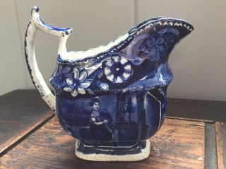 Antique Historical Staffordshire Blue & White Creamer Rebecca At The Well C1820