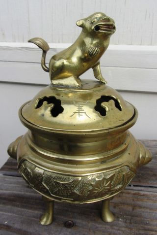 Large Antique Chinese Engraved Brass Tripod Censer Foo Dog Lion Calligraphy Fine