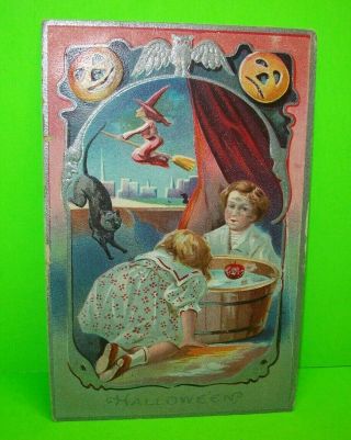 Halloween Postcard Nash Antique Black Cat Witch Kids Embossed Series 5