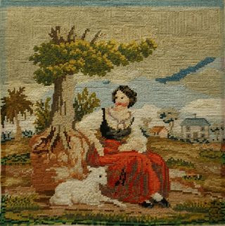 Late 19th Century Needlepoint Of A Young Woman With Her Pet Lamb - C.  1880