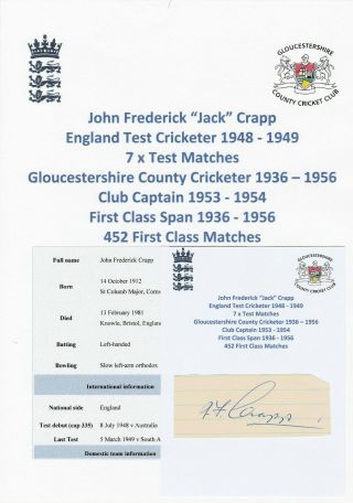 Jack Crapp England Test Cricketer 1948 - 1949 Rare Autograph
