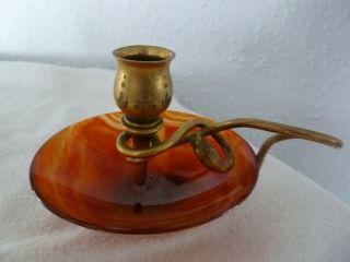 Vintage Arts & Crafts Polished Agate & Brass Chamber Candlestick Snake Handle