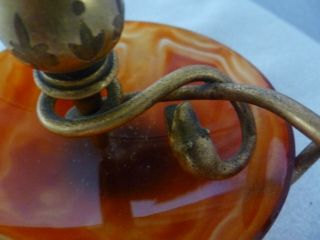 Vintage Arts & Crafts Polished Agate & Brass Chamber Candlestick Snake Handle 2