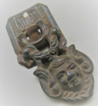 Ancient Roman Or Greek Bronze Buckle With Face Of Eros