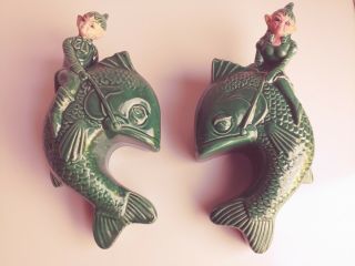 Rare Pair Vintage Gilner Pixie Elf Fish Wall Pockets 1950s California Ceramics