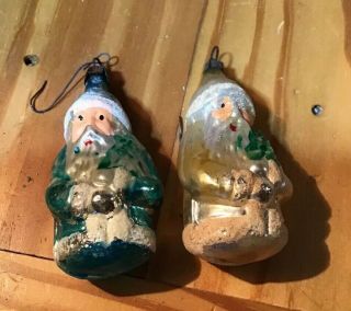 2 Antique Santa Glass Christmas Tree Ornaments Blue & Gold 3 "