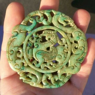 Collectable Chinese Old Jade Handcarved Phoenix And Dragon Pendant