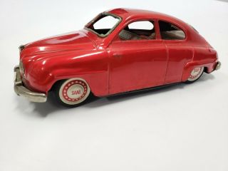 Vintage Saab 93b Tin Friction Toy Car 7 1/2 " Length Red Rare Rims Made In Japan