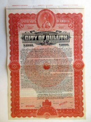 Mn.  City Of Duluth 1898 Specimen $1000 4 Gold Coupon Bond Vf Abn Rare
