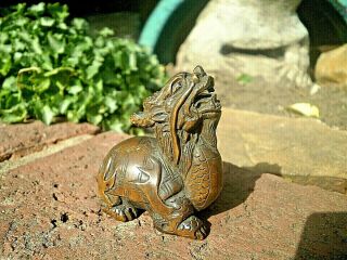 Hand Carved Boxwood Netsuke Dragon Turtle Roars With Head Up Collectable Figure