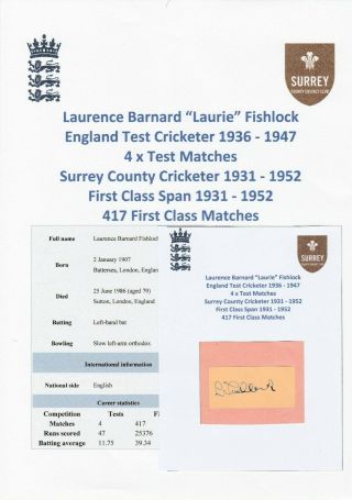 Laurie Fishlock England Test Cricketer 1936 - 1947 Rare Autograph