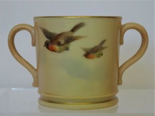 Antique Miniature Royal Worcester Blush Ivory Flying Birds Loving Cup,  1903