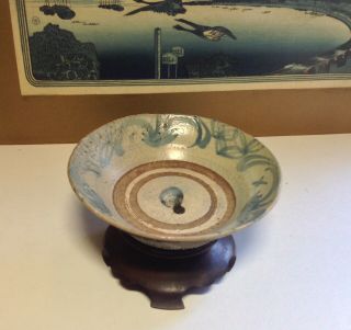 Chinese Song Dynasty Celadon Bowl Tan W/ Blue Flower Center -