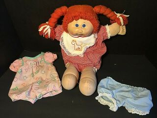 Vintage 1983 Cabbage Patch Kids Doll Red Hair Braids Blue Eyes 2 Outfits Diaper