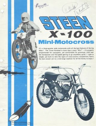 Rare Vintage 1972 Steen X - 100 Mini - Motocross Sales Brochure / Literature