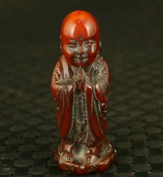 Chinese Rare Old Yak Horn Hand Carving Monk Statue Pendant Noble Decorate Gift