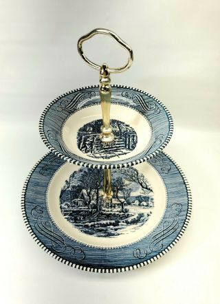 Currier And Ives 2 Tier Tidbit Tray,  Royal China Usa Blue White Rare Piece