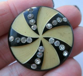 Awesome Large Antique Vtg Black & White Celluloid Button W/ Glass Pastes (r)