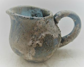 Circa 200 - 300ad Ancient Roman Blue Glass Cup With Handle & Iridescent Patina