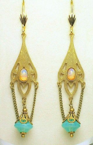Art Nouveau Edwardian Style Antique Brass Green Opal Pendant Drop Earrings