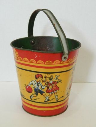 Antique Ohio Art Sand Pail Red Yellow Playing Children Rare Early Tin