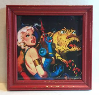 Space Babes & Monsters Sci - Fi Pulp Cover Art Print In Vintage Red Frame 7x7