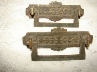 2 Antique Eastlake Drawer Pulls Victorian Era Stamped Brass 4 "