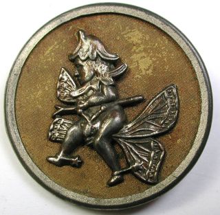 Bb Antique Brass Button Tom Thumb Riding A Butterfly Design - 1 & 5/16 "