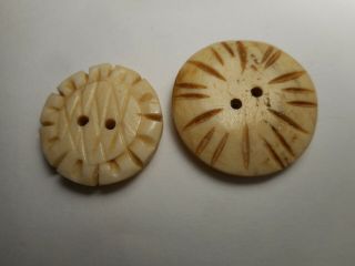 2 Carved Cow Bone Vintage Buttons 7/8 " & 1 - 1/16 " Rs