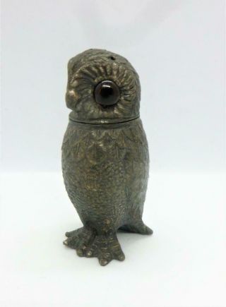 Antique Victorian 19thc Pewter Owl Amber Glass Eyes Pounce / Sander Pot C1870 