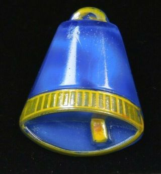 Antique Vtg Button Cobalt Blue Moonglow Glass Bell W A Yellow Stripe Vivid C7