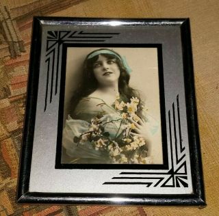 Haunted Antique Photograph Of A Woman & Art Deco Frame Memento Mori/flowers