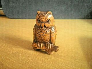 Hand Carved Wood Netsuke Owl On A Branch Boxwood Collectable Figure