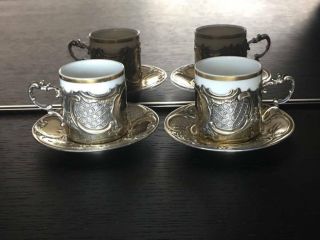 Antique German Solid Silver Gilt Coffee Cup Holders & Saucers (r3054a)