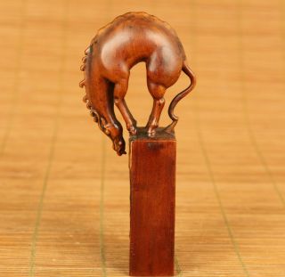 Asian Boxwood Hand Carved Horse Drinking Statue Netsuke Seal Stamp Art Office