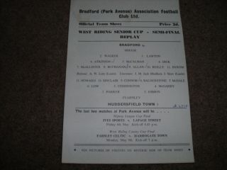 Rare Bradford Park Avenue V Huddersfield Town West Riding Senior Cup Re May 1960
