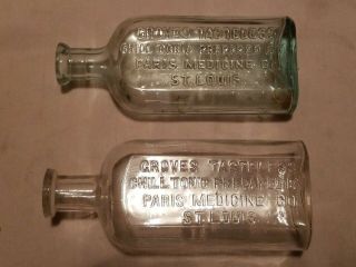 2 Antique Graves Tasteless Chill Tonic Embossed Glass Medicine Bottles St Louis