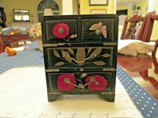 Japanese Old Antique Black Lacquer Mini Chest With 4 Drawers Use For Jewelry Etc