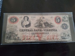 1860 $5 Central Bank Of Virgina.  Old Rare Banknote