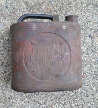 Antique Vintage 1 Gallon Bishman Rubber Jug Battery Filler Gas / Oil Station Can