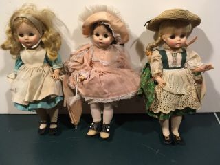 Three Vintage 13 " Madame Alexander Dolls: Alice In Wonderland; Heidi; Rebecca