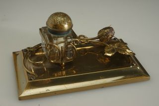 Antique Wwi Era Brass Desktop Glass Inkwell Set Stand With Rose Figural Motif