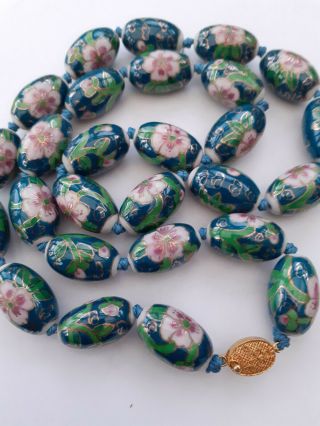 A Large Heavy Vintage Chinese Hand Painted & Knotted Porcelain Bead Necklace