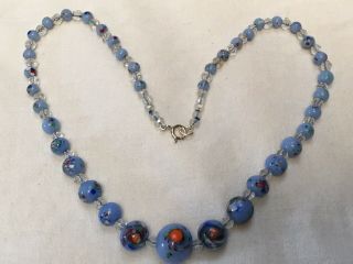 Antique Art Deco 1930s Murano Ends Of Day Blue Glass Bead Necklace Silver Clasp