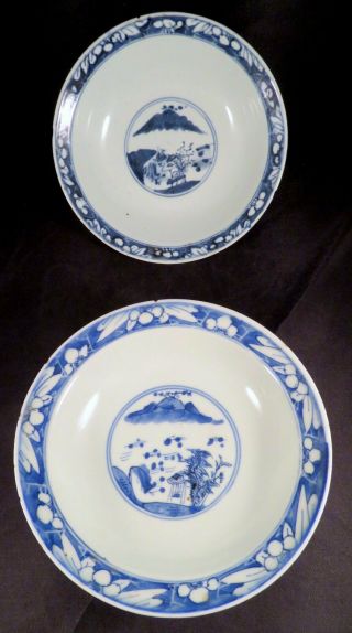 Near Pair Qing Dynasty 18th Century Chinese Blue & White Porcelain Footed Bowls