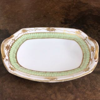 Antique Nippon Double Handled Dish Hand Painted Green And Gold Floral