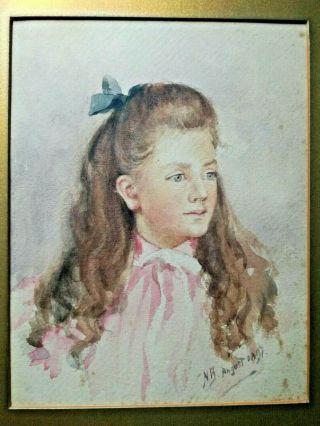 Antique Victorian Watercolour Portrait Painting Young Girl Signed N.  B Dated 1897
