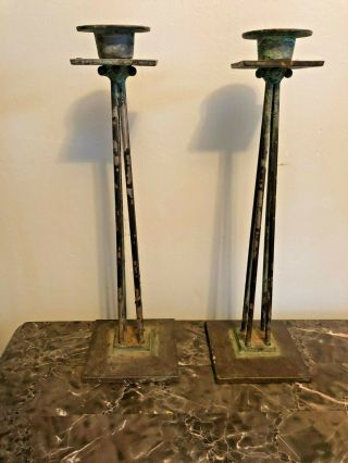 Antique Cast Iron Distressed Candlestick 2 Matching Tall - 13 "